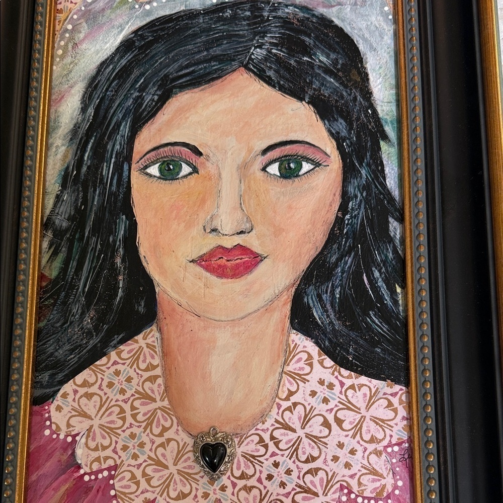Original Art Black Haired Woman Acrylic Mixed Media 11x15